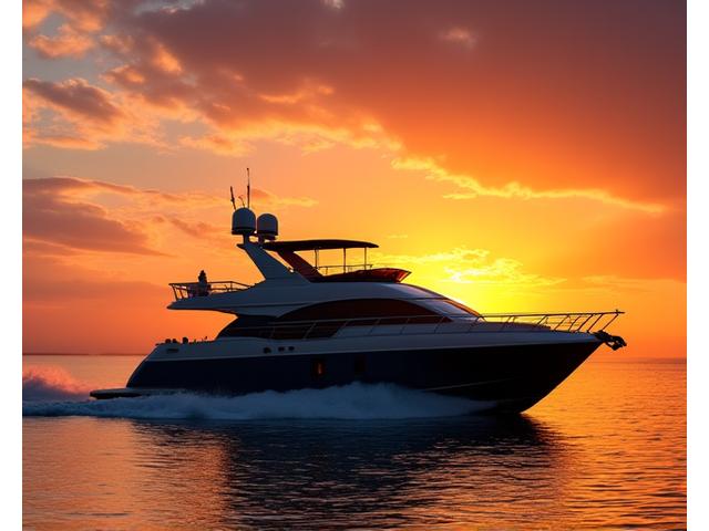 中古のプリンセス60フィートヨット、夕日を背景に